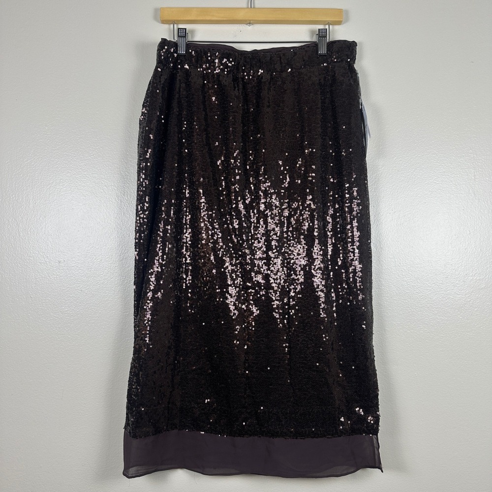 Liz Claiborne Women's L Sequin Midi Skirt Chocolate Brown Lined Sheer Hem NEW - Picture 1 of 9